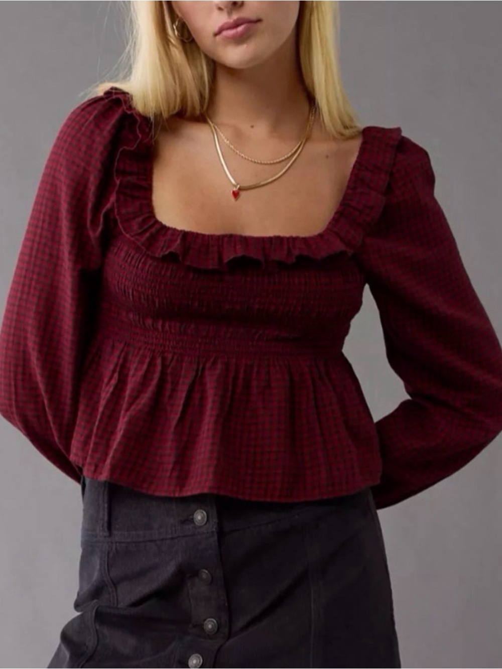 American Eagle Burgundy & Black Long-Sleeve Smocked Ruffle Plaid Top Size Medium